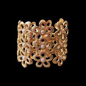 Elegant Gold Floral Cuff Stretch Bracelet with Pearl Accents